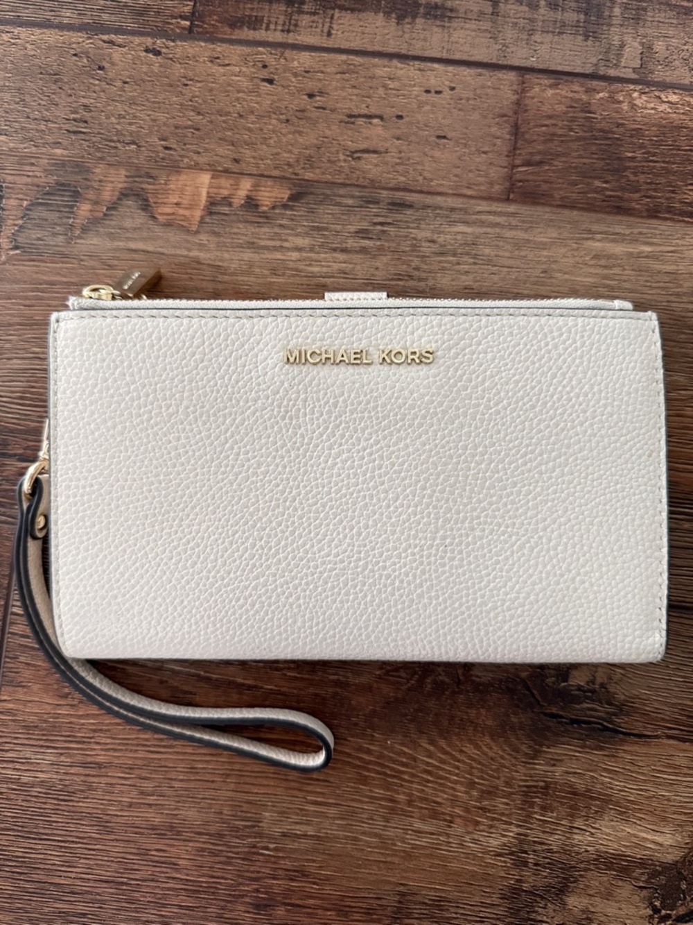 Michael Kors Off-White Pebbled Leather Wristlet with Gold Hardware